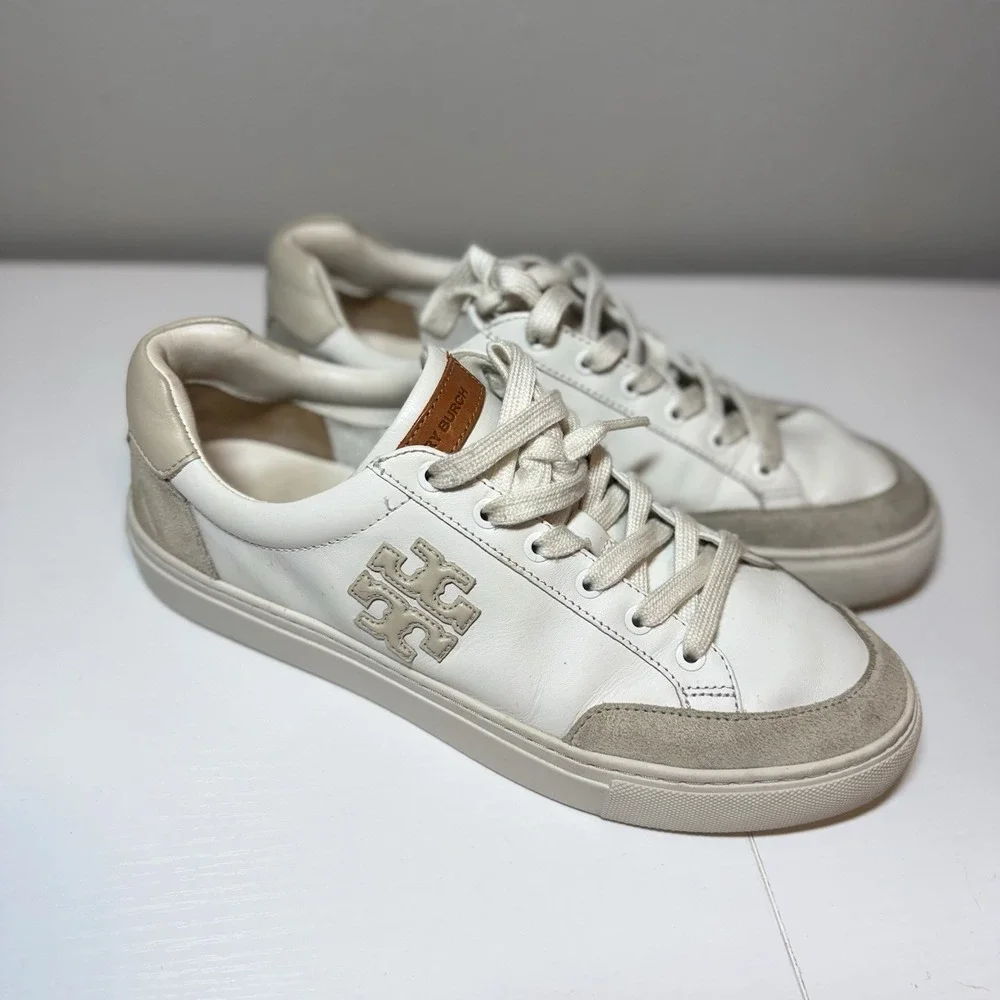 Tory Burch Sneakers Bari Nappa Color Block Women Sz 9 White Beige Leather Suede